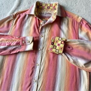 Robert Graham Mens Sz L Pink Yellow Orange Stripe Flip Cuff Contrast Geometric